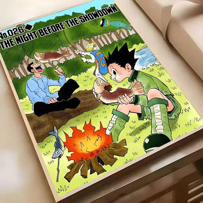 A framed hunter x hunter hisoka wall poster featuring vibrant anime characters around a campfire in hd waterproof material