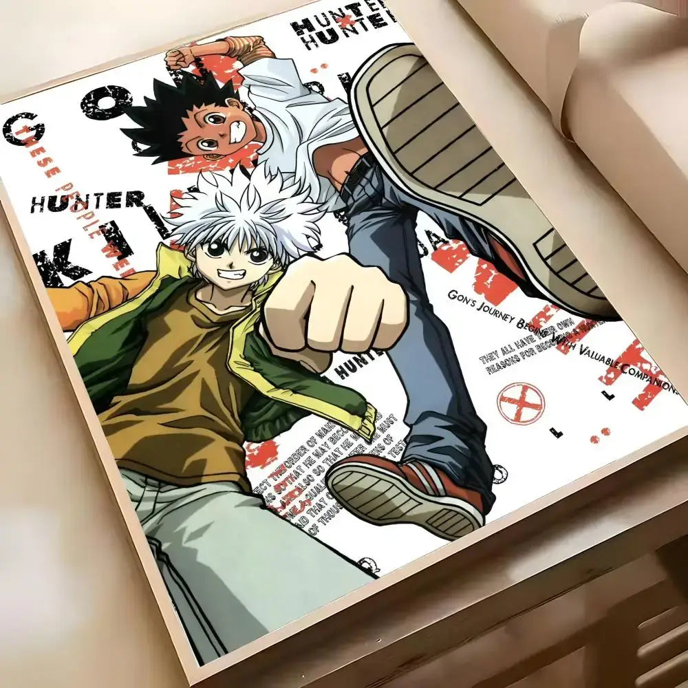 A framed hunter x hunter hisoka wall poster with vibrant colors and dynamic poses on a white background