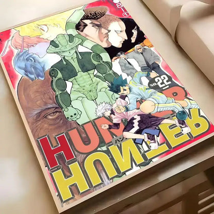 Vibrant hunter x hunter volume 22 hisoka wall poster with bold red yellow lettering and dynamic characters in green armor