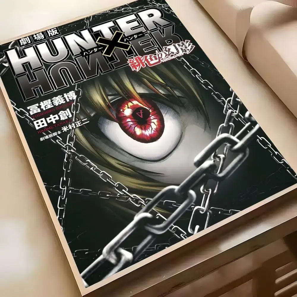 Black and silver framed hunter x hunter hisoka wall poster featuring a striking anime eye with red irises and metallic chains