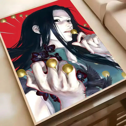 A framed hunter x hunter hisoka wall poster with long black hair character and golden spheres on vibrant red background