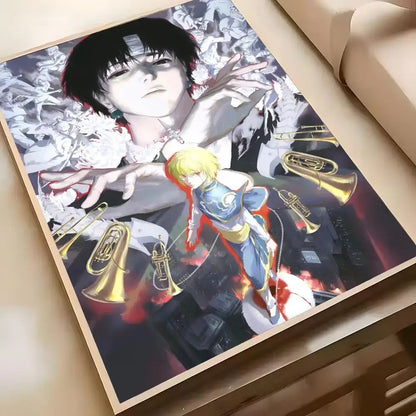 A framed hunter x hunter hisoka wall poster featuring two characters with black and blonde hair surrounded by brass instruments