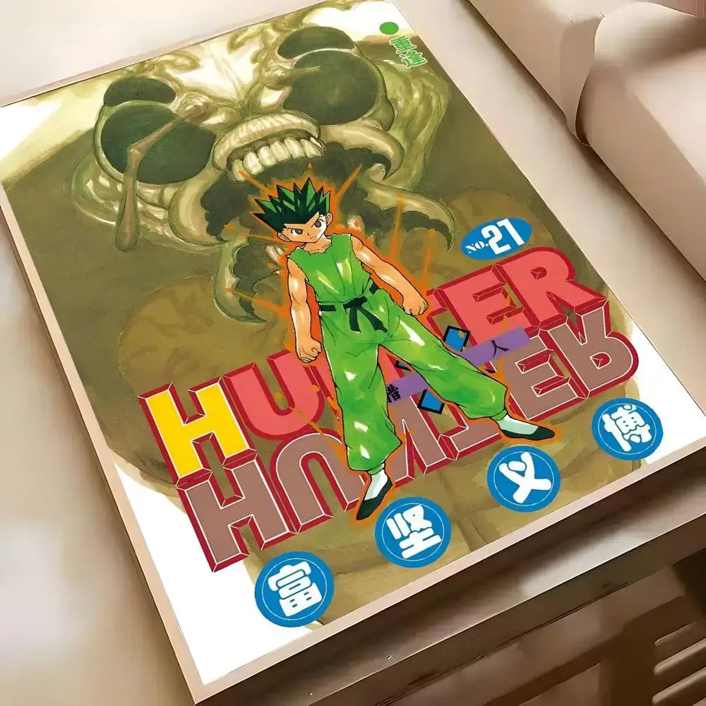 Green-clad hunter x hunter character stands boldly on hisoka wall poster with skull backdrop waterproof hd design
