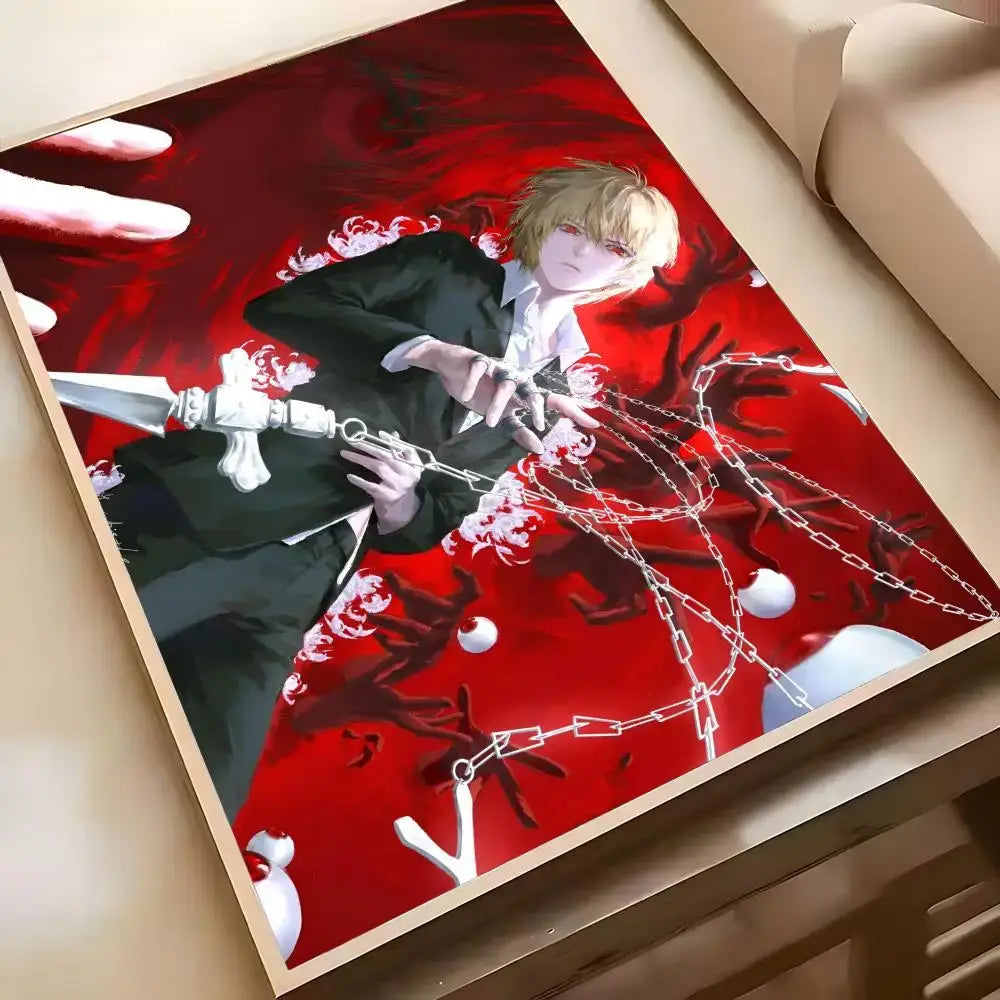 A hunter x hunter hisoka wall poster featuring a blonde character in black holding chains on a red floral background