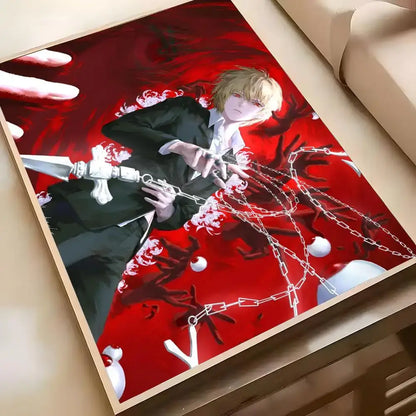 A hunter x hunter hisoka wall poster featuring a blonde character in black holding chains on a red floral background
