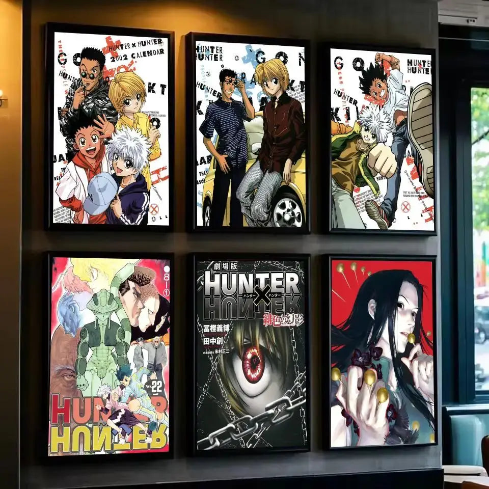 Six framed hunter x hunter waterproof hd self-adhesive hisoka wall posters displayed on a dark wall