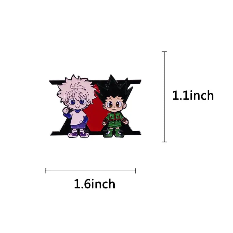 Hunter x hunter enamel pin featuring killua and gon cartoon badge with spiky pink hair on black and red background
