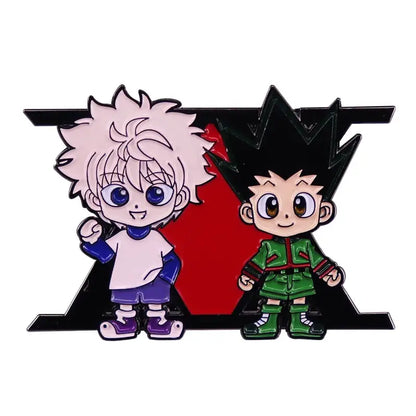 Chibi hunter x hunter enamel pin featuring killua with white hair and gon with black hair on red cartoon badge background