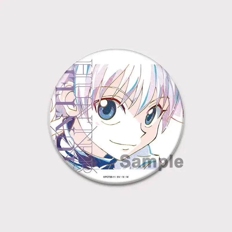 Circular hunter x hunter pin badge featuring hunter killua brooch with silver and light blue hair on white background