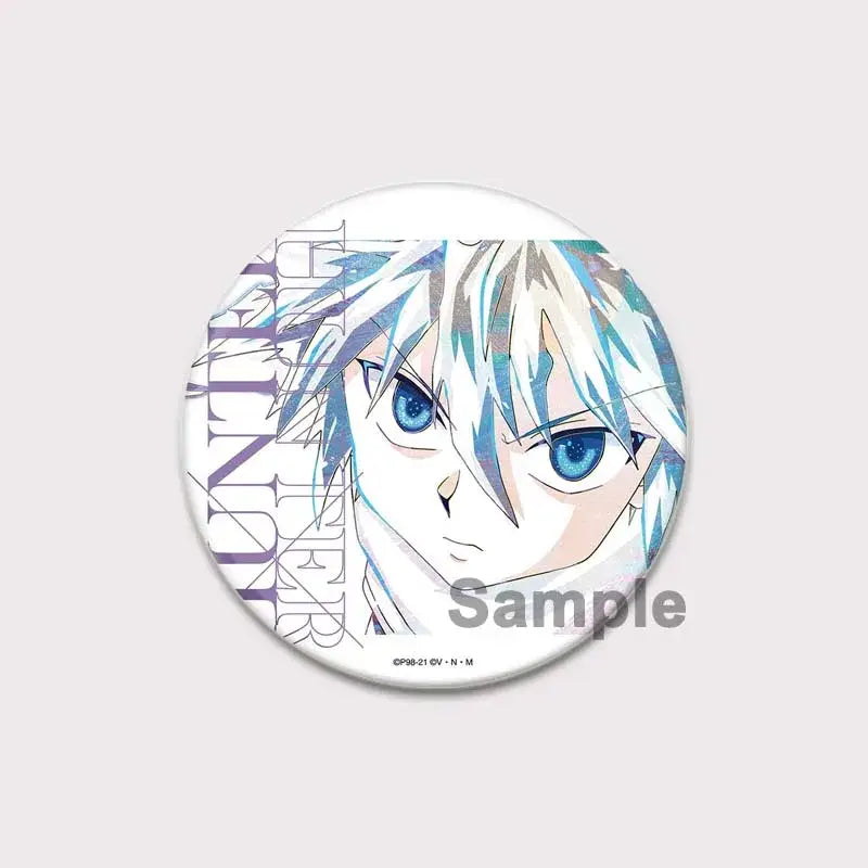 Circular white pin badge featuring hunter x hunter anime character killua with spiky silver-blue hair and blue eyes