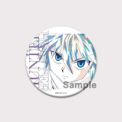 Circular white pin badge featuring hunter x hunter anime character killua with spiky silver-blue hair and blue eyes