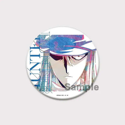 Circular hunter x hunter pin badge featuring anime character killua with long colorful hair and blue purple hat