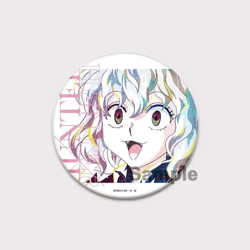 Circular hunter x hunter pin badge featuring hunter killua brooch with vibrant multicolored hair and expressive eyes