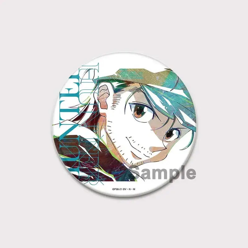 Circular hunter x hunter pin badge featuring an anime character with teal and brown hair and detailed eyes hunter killua brooch