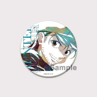 Circular hunter x hunter pin badge featuring an anime character with teal and brown hair and detailed eyes hunter killua brooch