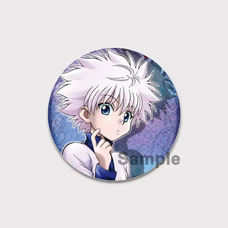 Circular hunter x hunter pin badge featuring killua with spiky white hair and blue eyes on a purple background