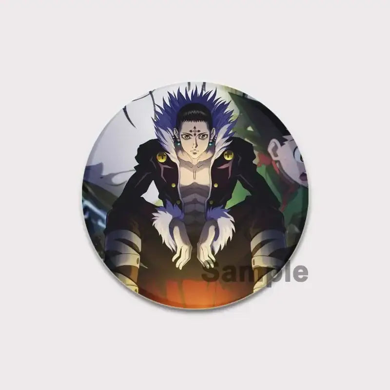 Circular hunter x hunter pin badge featuring anime character killua with spiky blue hair and black white fur outfit