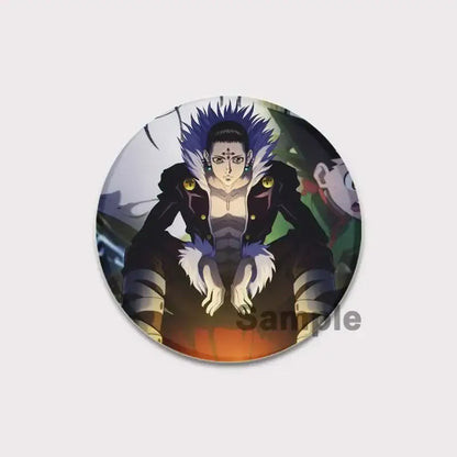 Circular hunter x hunter pin badge featuring anime character killua with spiky blue hair and black white fur outfit