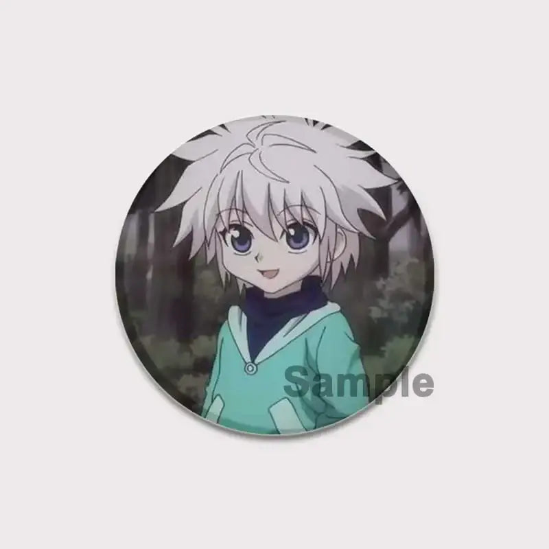 Circular hunter x hunter pin badge featuring anime character killua with spiky white hair and teal jacket