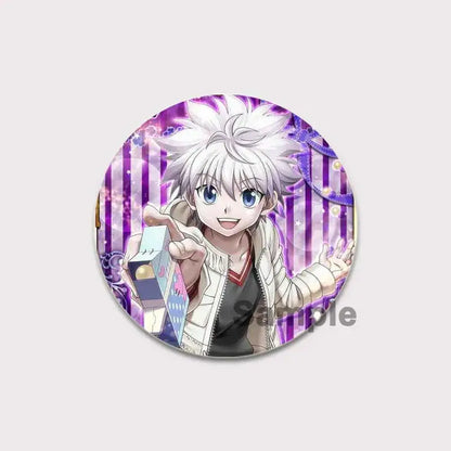 Circular hunter x hunter pin badge featuring smiling hunter killua brooch with spiky white hair on purple background