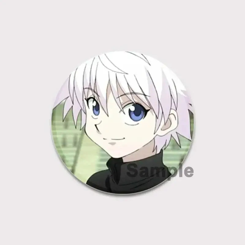 Circular hunter x hunter pin badge featuring anime character killua with short white hair and bright blue eyes