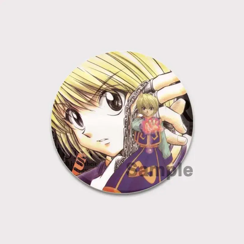 Circular hunter x hunter pin badge featuring anime illustration of blonde killua in purple and orange holding a chain