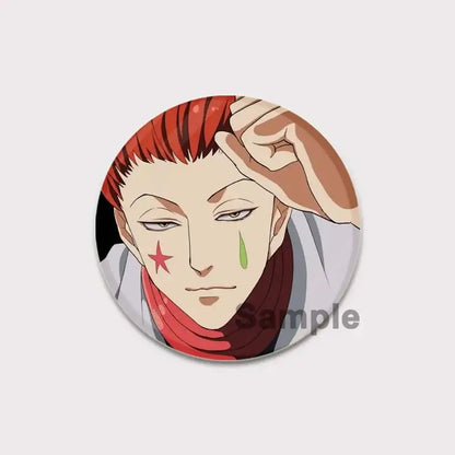 Red-haired anime character with red star and green teardrop in circular design on hunter x hunter pin badge hunter killua brooch