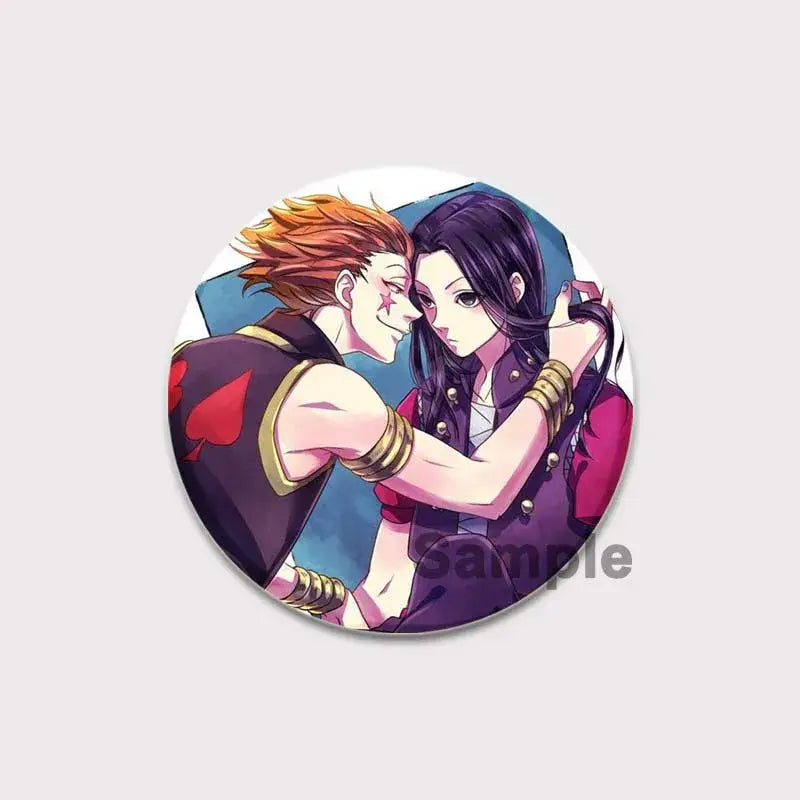 Circular hunter x hunter pin badge featuring anime illustration of two characters in close embrace for collectors
