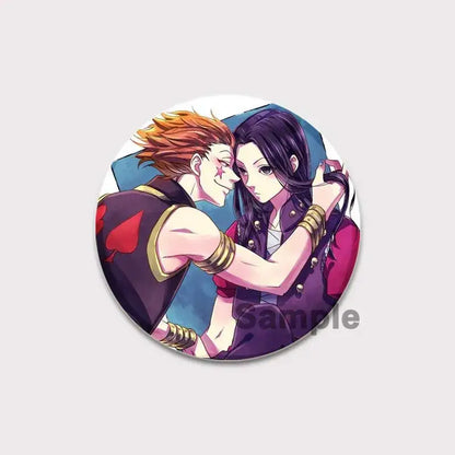 Circular hunter x hunter pin badge featuring anime illustration of two characters in close embrace for collectors