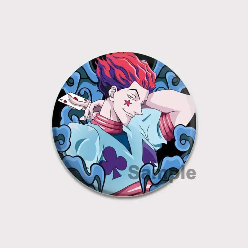 Circular hunter x hunter pin badge featuring killua with vibrant red and purple hair and playing card symbols outfit