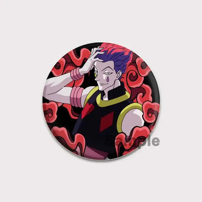 Circular hunter x hunter pin badge featuring killua with vibrant purple hair and yellow-trimmed black outfit on red swirls
