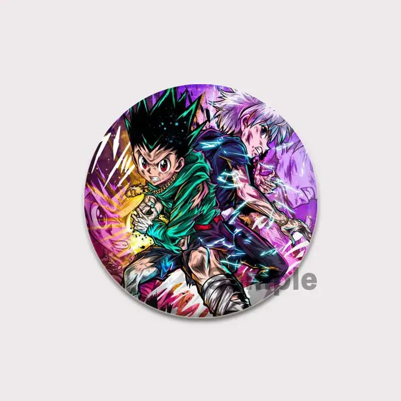 Circular hunter x hunter killua brooch pin badge featuring vibrant anime artwork of characters in dynamic poses