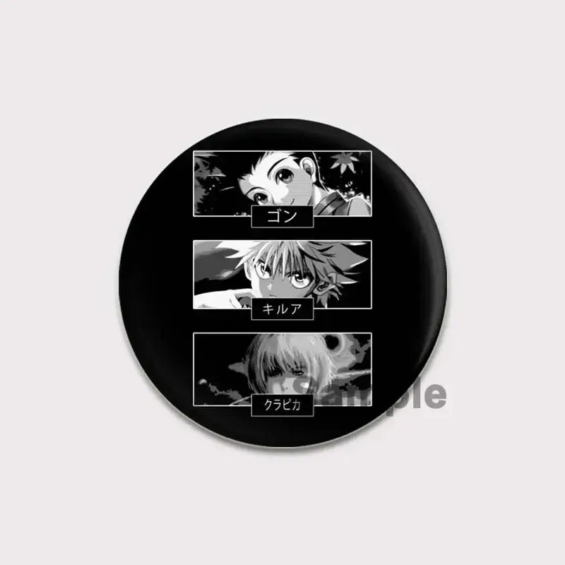 Black circular hunter x hunter pin badge featuring black-and-white manga portraits of gon killua and kurapika
