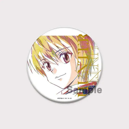 Hunter x hunter pin badge with a circular white base featuring an anime killua brooch with gold text design
