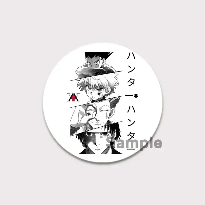 White circular hunter x hunter pin badge featuring black and white killua anime portraits with vertical japanese title