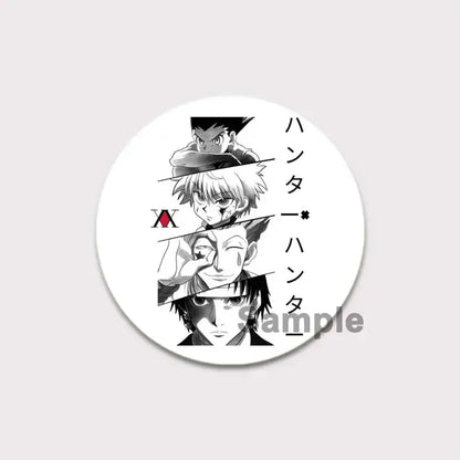 White circular hunter x hunter pin badge featuring black and white killua anime portraits with vertical japanese title
