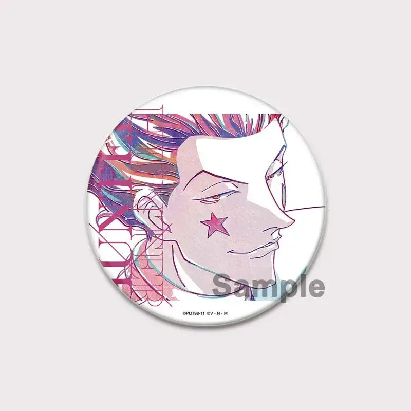 Circular hunter x hunter killua brooch pin badge with vibrant pink purple hair and star cheek mark in magenta teal design