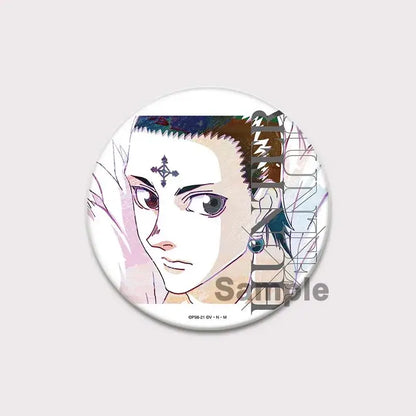 Circular hunter x hunter killua brooch pin badge with brown hair anime character and black cross mark on forehead