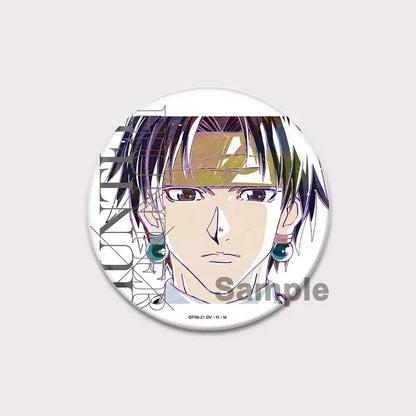 White circular pin badge featuring hunter x hunter anime character killua with green earrings and gold headband hunter killua brooch