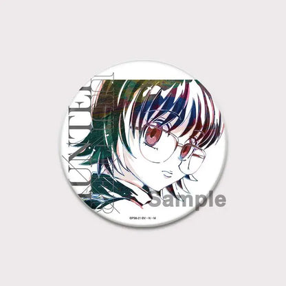 A circular white hunter x hunter pin badge featuring an anime character with multicolored hair and red glasses
