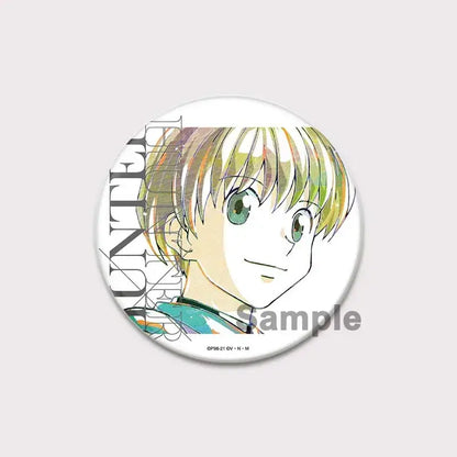 White circular hunter x hunter pin badge featuring killua with blonde hair and light green eyes in teal outfit