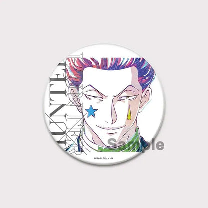 Circular white hunter x hunter pin badge featuring killua with pink purple hair blue star and yellow teardrop design