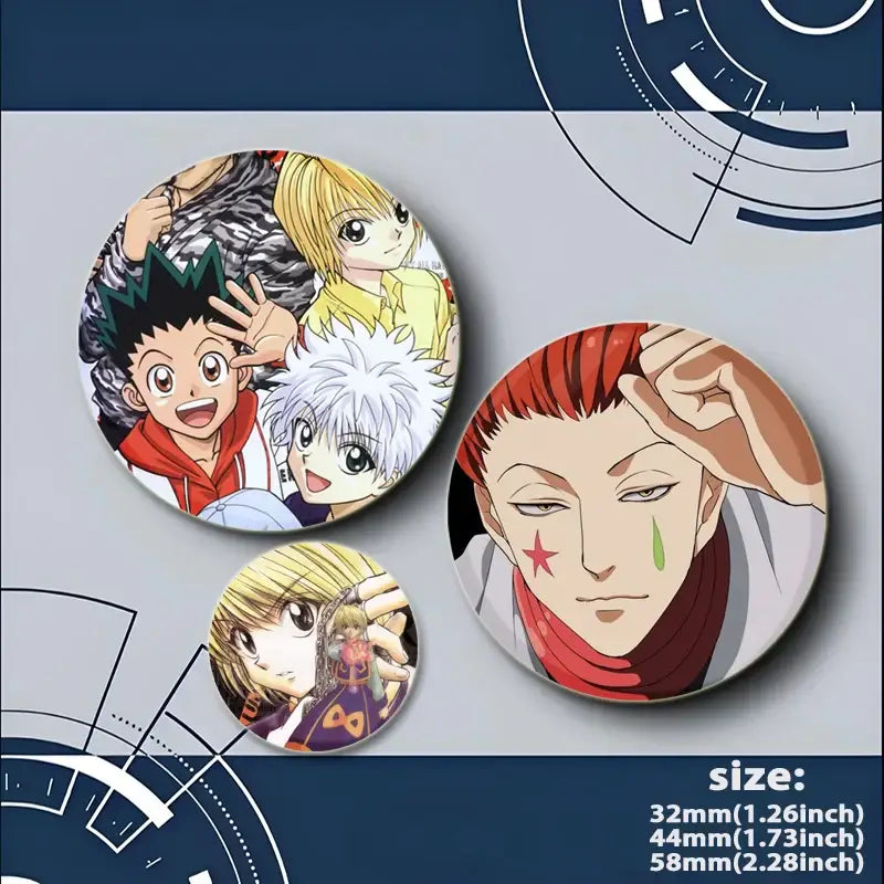 Circular colorful hunter x hunter pin badge featuring killua illustration in a snap-in brooch design