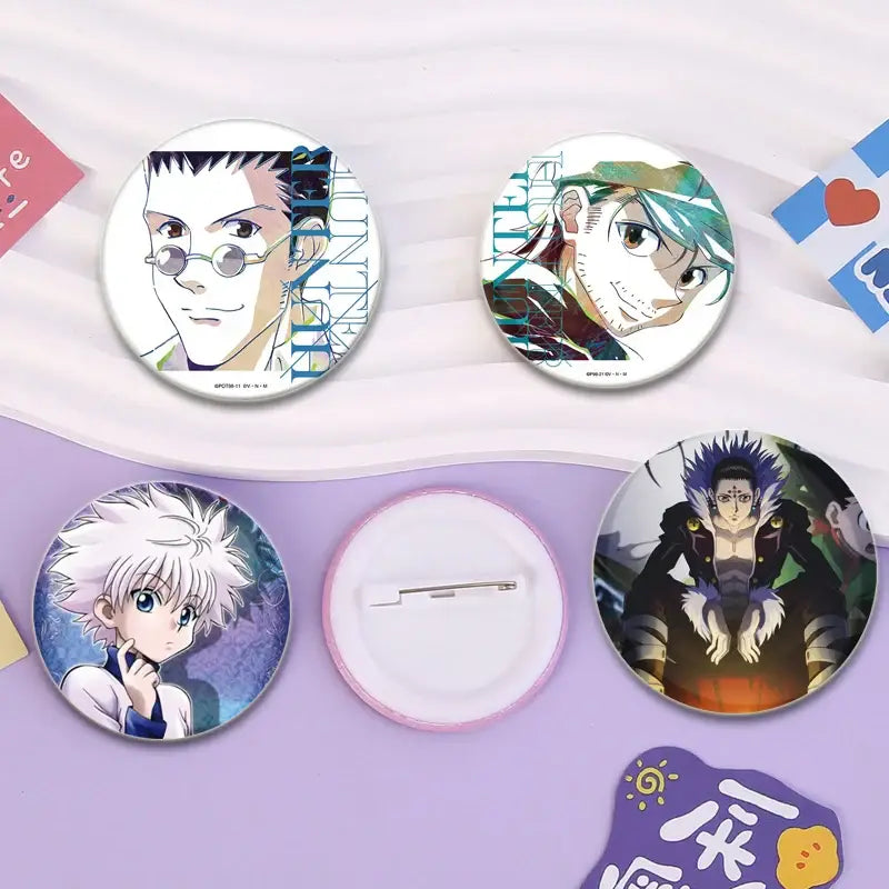 Circular hunter x hunter pin badges featuring distinct anime artwork including the hunter killua brooch snap-in design