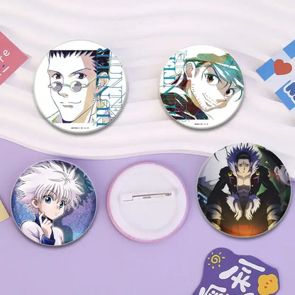 Circular hunter x hunter pin badges featuring distinct anime artwork including the hunter killua brooch snap-in design