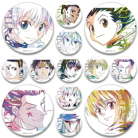 A collection of colorful hunter x hunter pin badges featuring white-faced hunter killua brooch snap-in designs