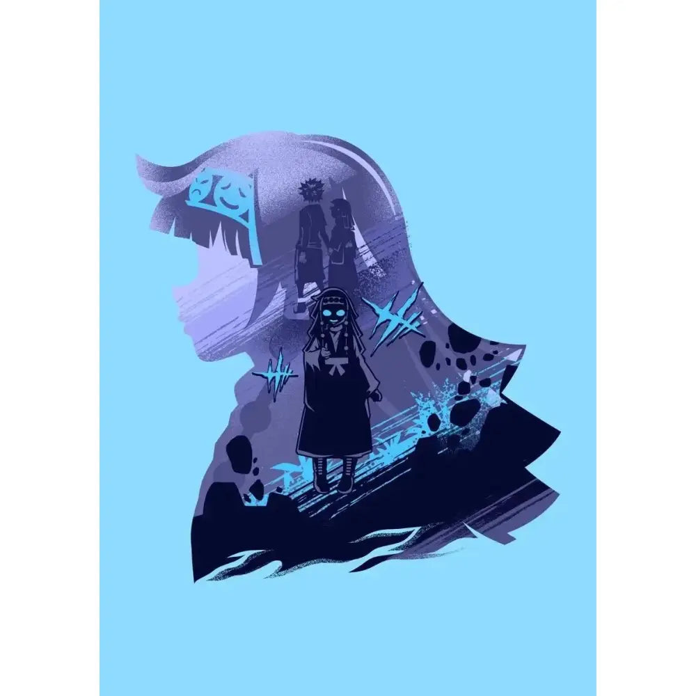 Stylized anime silhouette of killua with glowing blue eyes on a light blue hunter x hunter killua canvas poster