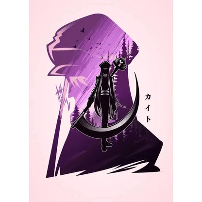 Purple and black stylized hunter x hunter killua canvas poster featuring killua holding a scythe with trees and birds background