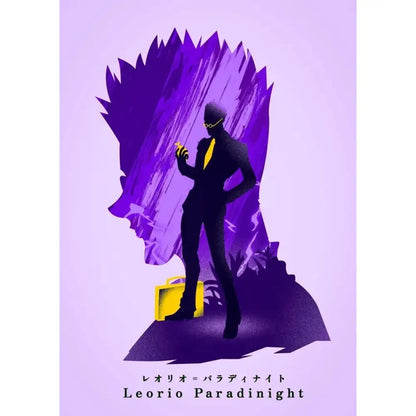 Stylized hunter x hunter killua canvas poster featuring silhouette in black suit with yellow tie and briefcase on purple background