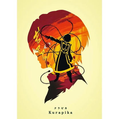 Hunter x hunter killua canvas poster featuring a stylized kurapika silhouette with yellow trim on fiery background